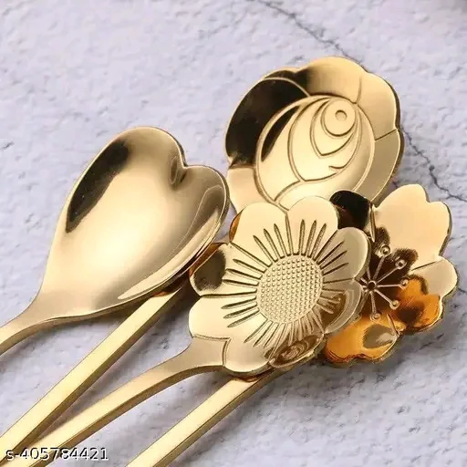 Premium Gold Plated Designer Spoon Set – Heart & Floral Shape Stainless Steel Spoons